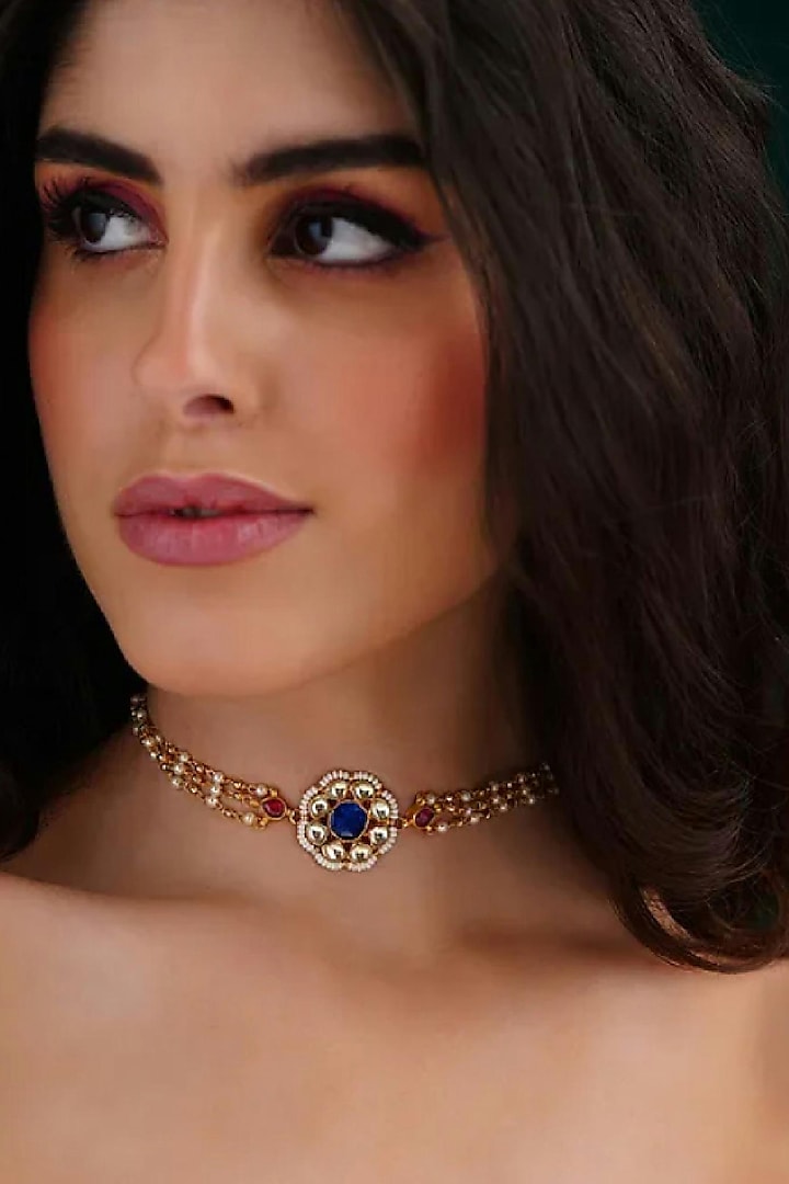 Gold Finish Choker Necklace With Kundan Polki by Maisara Jewelry
