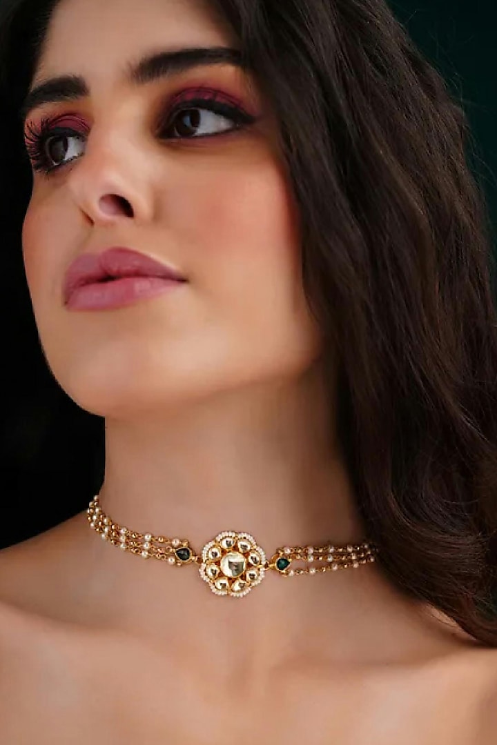 Gold Finish Choker Necklace With Kundan by Maisara Jewelry