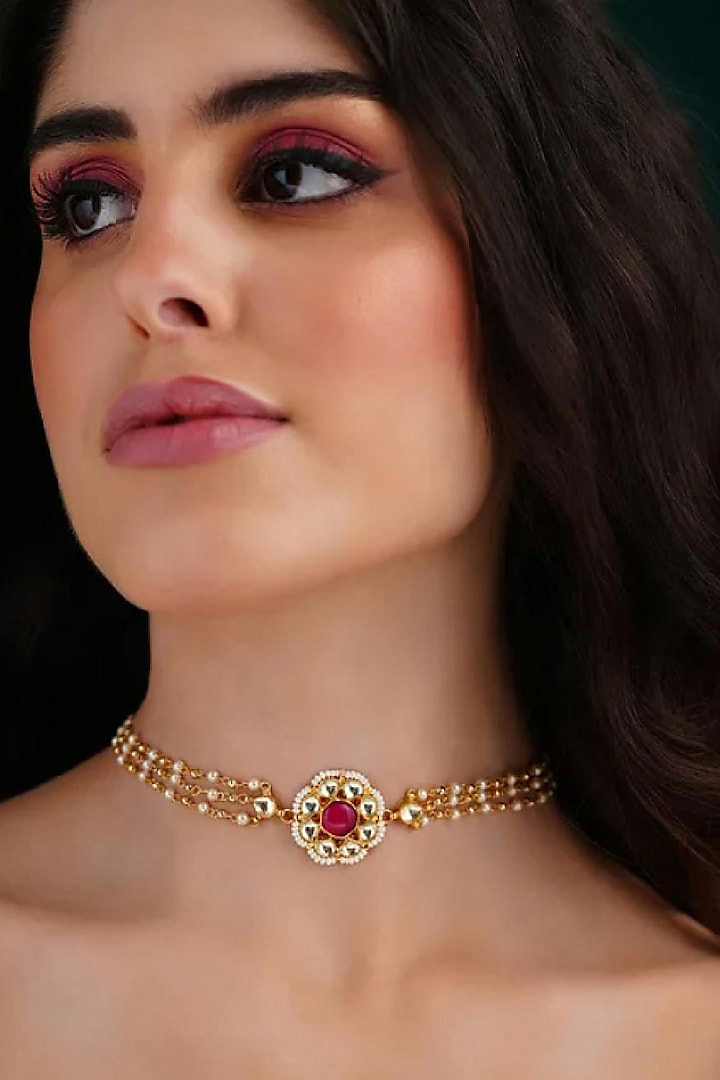 Gold Finish Pearl Choker Necklace by Maisara Jewelry