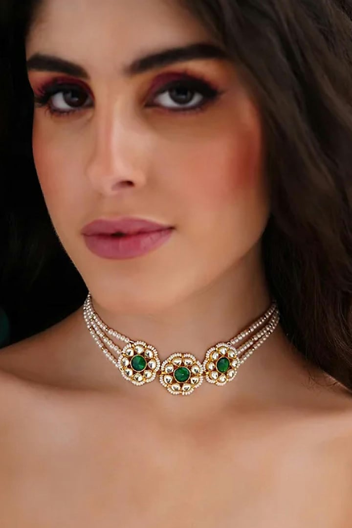 Gold Finish Green Kundan Polki & Pearl Choker Necklace by Maisara Jewelry