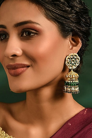 Gold Finish Kundan Polki Jhumka Earrings by Maisara Jewelry