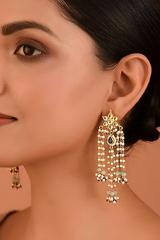 Gold Finish Kundan Polki Dangler Earrings by Maisara Jewelry