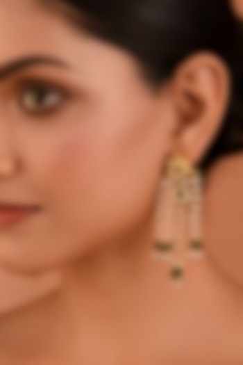 Gold Finish Green Kundan Polki & Pearl Dangler Earrings by Maisara Jewelry at Pernia's Pop Up Shop