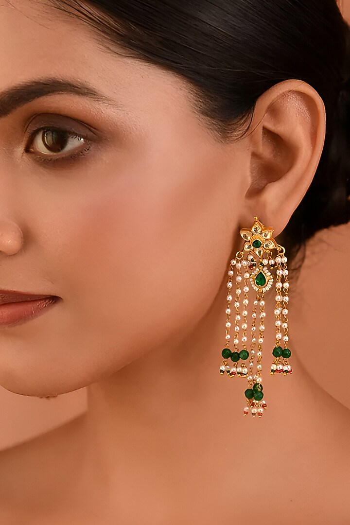 Gold Finish Green Kundan Polki & Pearl Dangler Earrings by Maisara Jewelry at Pernia's Pop Up Shop