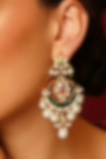 Gold Finish Green Kundan Polki & Pearl Dangler Earrings by Maisara Jewelry