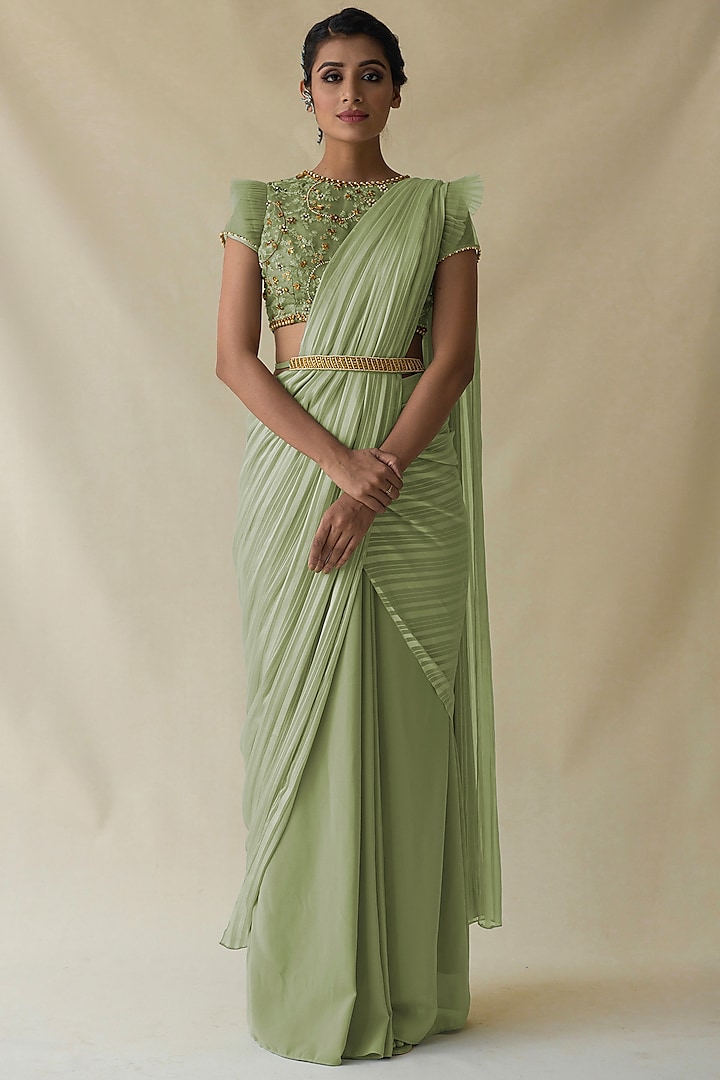 Pista Green Crepe Pre-Draped Saree Set by Merge Design