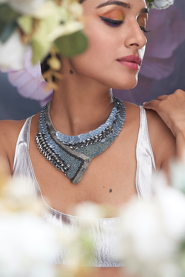 Blue Stone & Sequinned Necklace by TORQUE by Merge