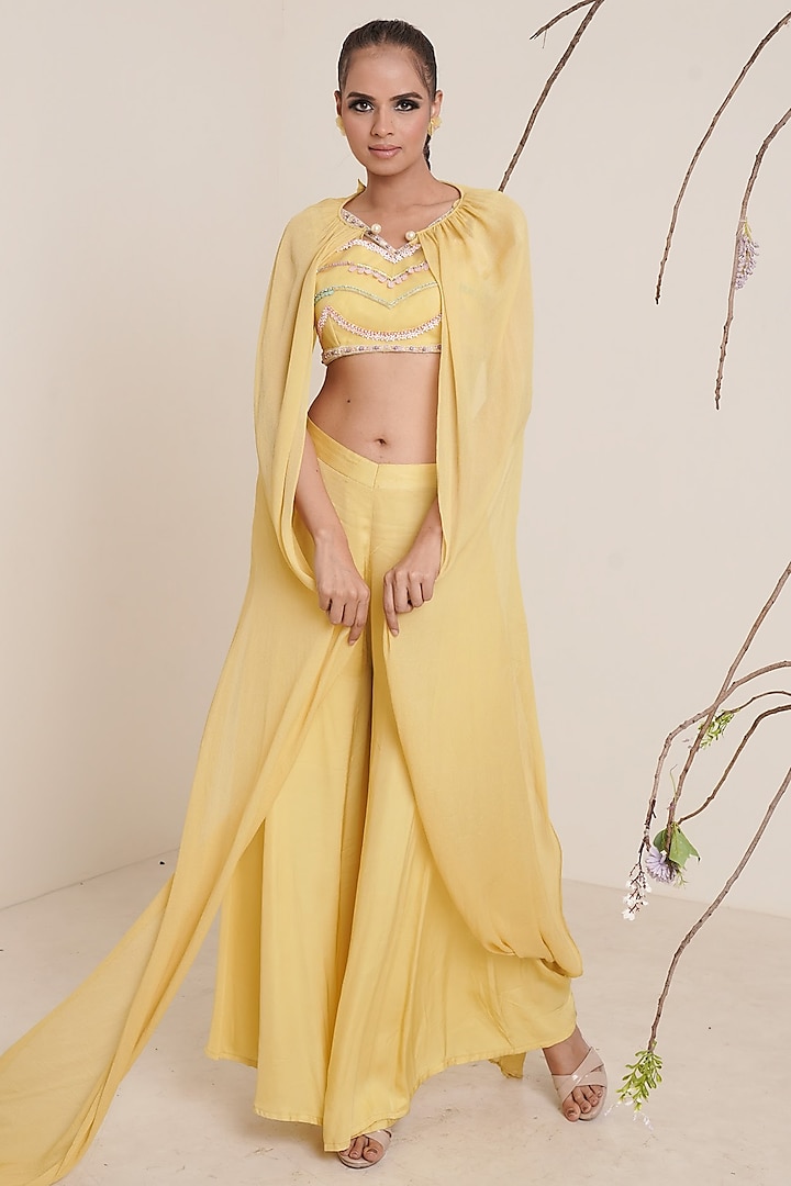 Yellow Embroidered Cape Set by Merge Design
