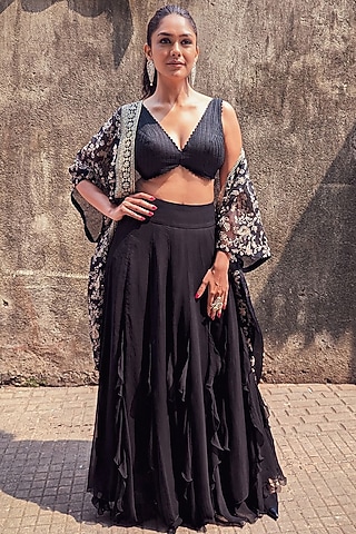 Black Organza & Raw Silk Hand Embroidered Cape Set by Mrunalini Rao
