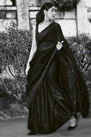 Black Leather Crystal Embroidered Saree Set by Anand Bhushan