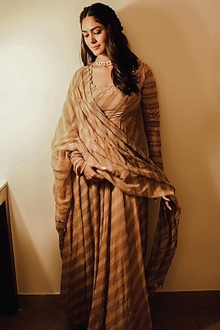 Beige Printed & Embroidered Anarkali Set by Paulmi & Harsh