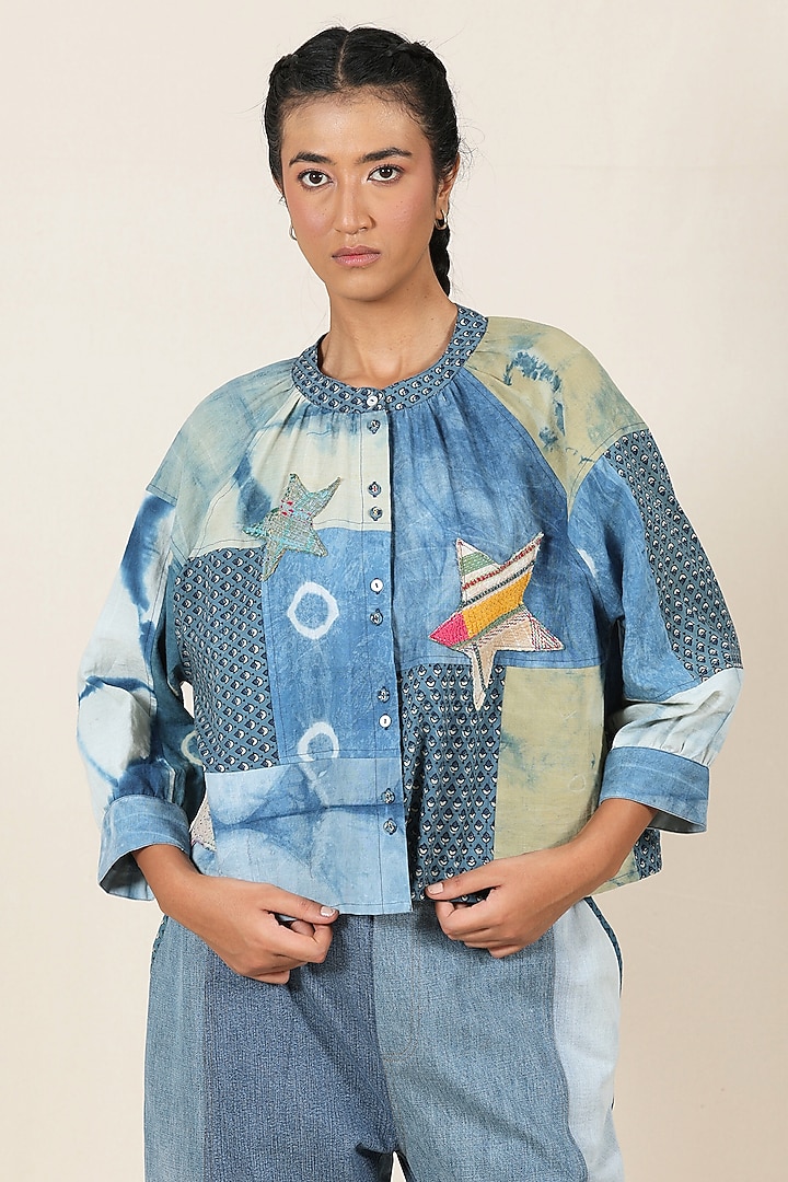 Indigo Blue Cotton Ajrakh Printed Shirt by Meld Studio at Pernia's Pop Up Shop