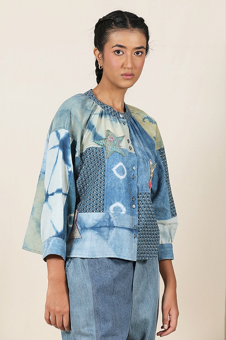 Indigo Blue Cotton Ajrakh Printed Shirt by Meld Studio at Pernia's Pop Up Shop