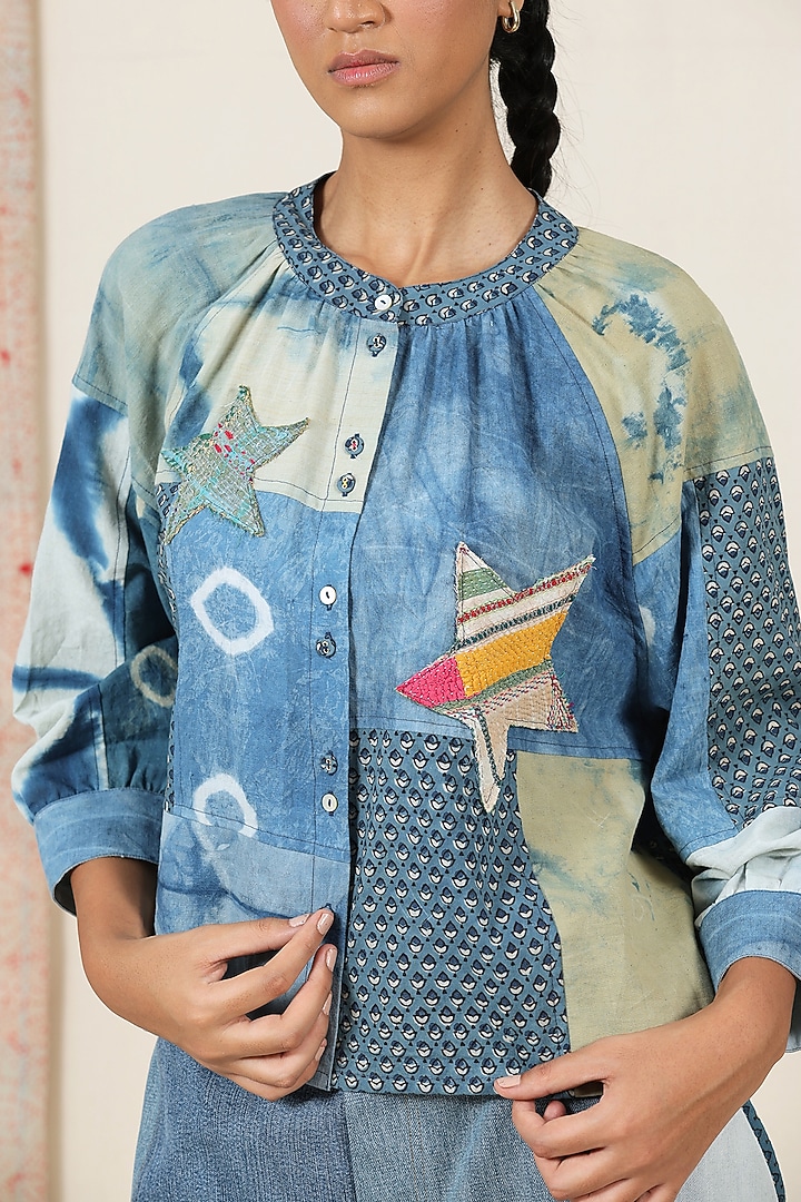 Indigo Blue Cotton Ajrakh Printed Shirt by Meld Studio at Pernia's Pop Up Shop