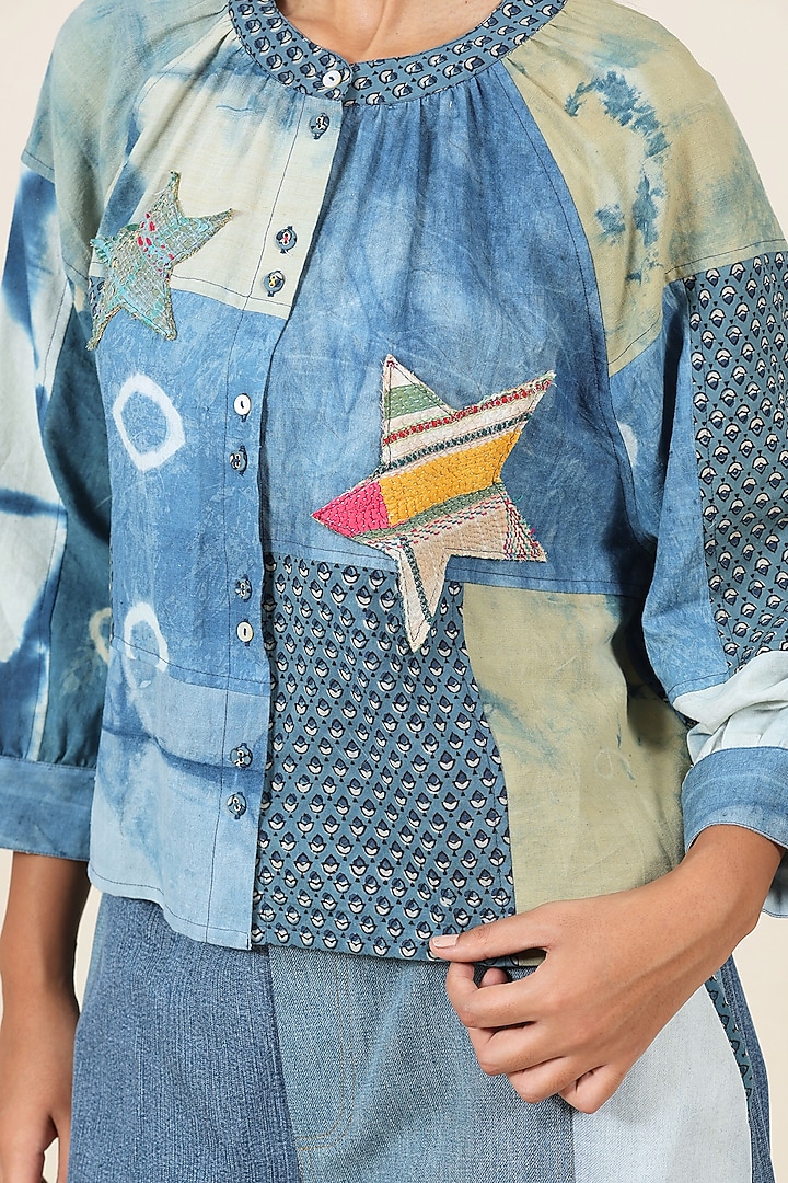 Indigo Blue Cotton Ajrakh Printed Shirt by Meld Studio at Pernia's Pop Up Shop