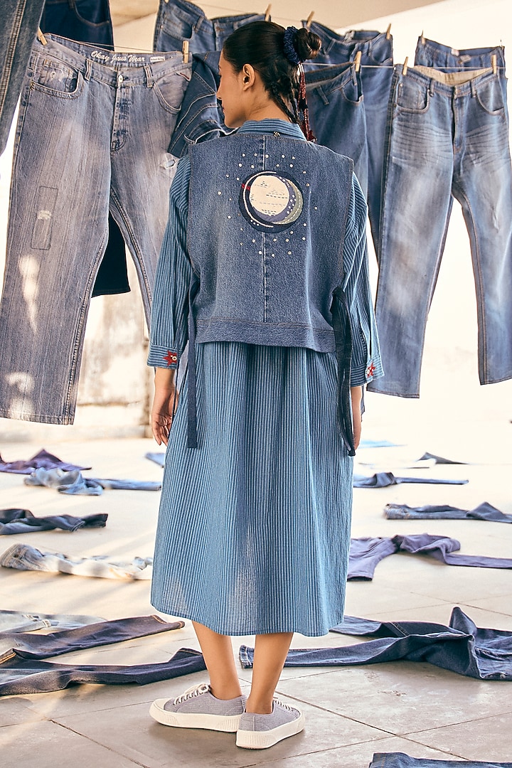 Blue Denim Cotton Waistcoat by Meld Studio at Pernia's Pop Up Shop