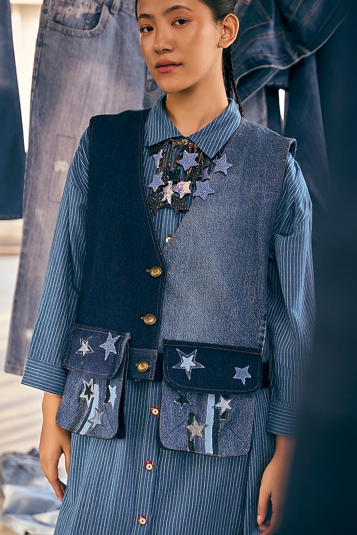 Blue Denim Cotton Waistcoat by Meld Studio at Pernia's Pop Up Shop