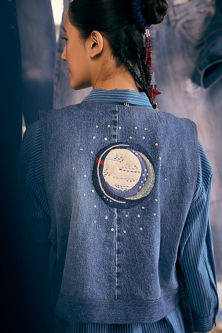 Blue Denim Cotton Waistcoat by Meld Studio at Pernia's Pop Up Shop