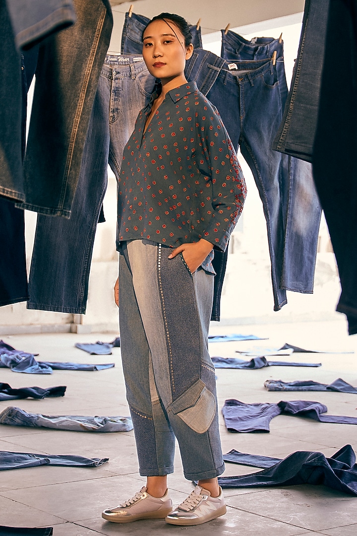 Indigo Blue Cotton Tie-Dye Shibori Printed Top by Meld Studio at Pernia's Pop Up Shop