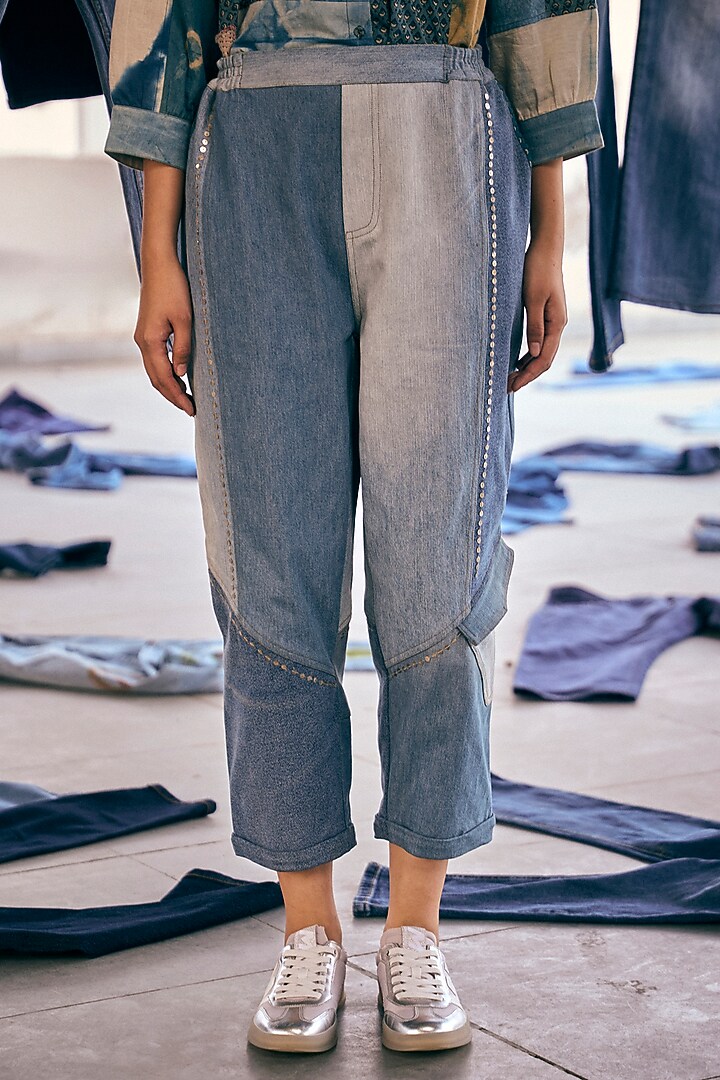 Blue Denim Cotton Sequin Embroidered Pants by Meld Studio at Pernia's Pop Up Shop