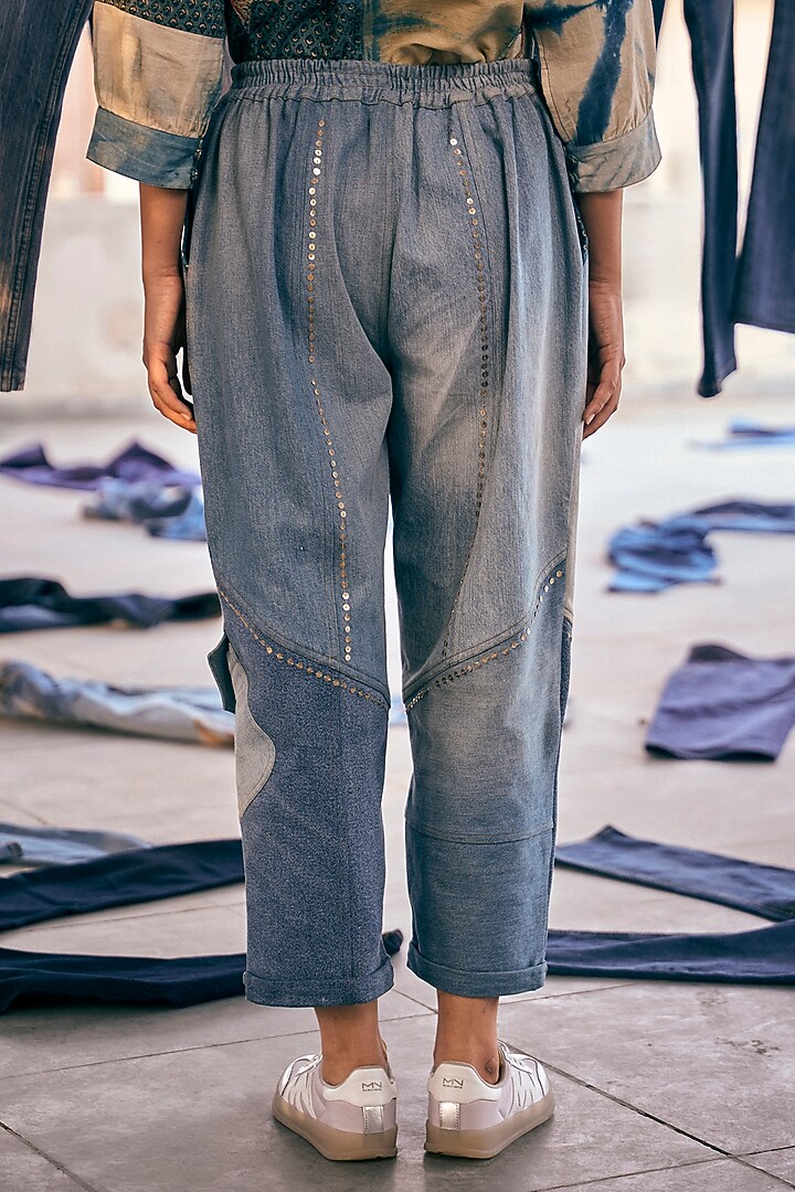 Blue Denim Cotton Sequin Embroidered Pants by Meld Studio at Pernia's Pop Up Shop