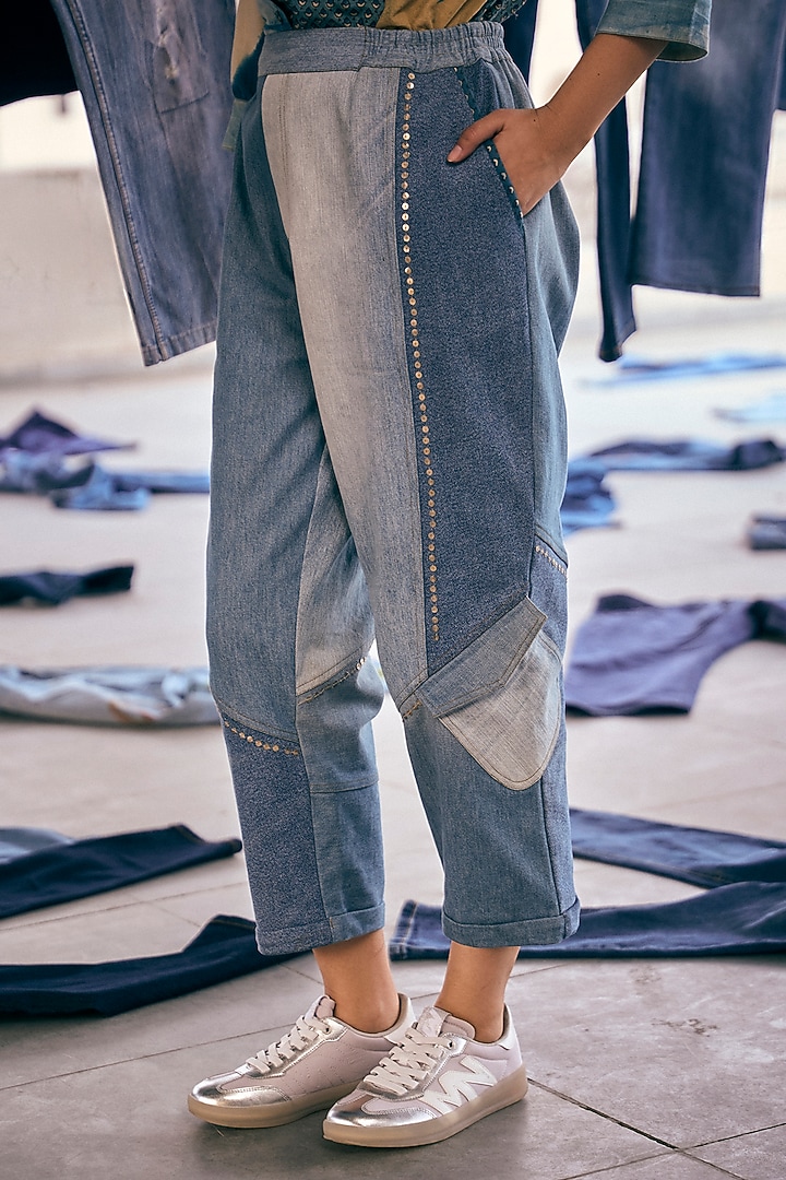 Blue Denim Cotton Sequin Embroidered Pants by Meld Studio at Pernia's Pop Up Shop