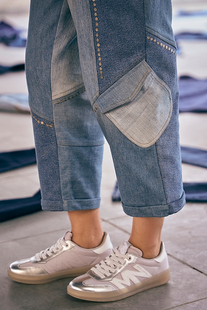 Blue Denim Cotton Sequin Embroidered Pants by Meld Studio at Pernia's Pop Up Shop