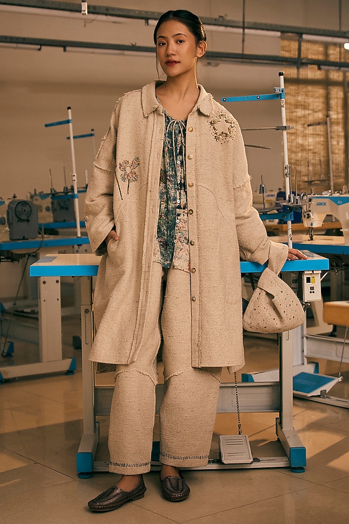 Antique White Cotton Embroidered Long Coat by Meld Studio at Pernia's Pop Up Shop