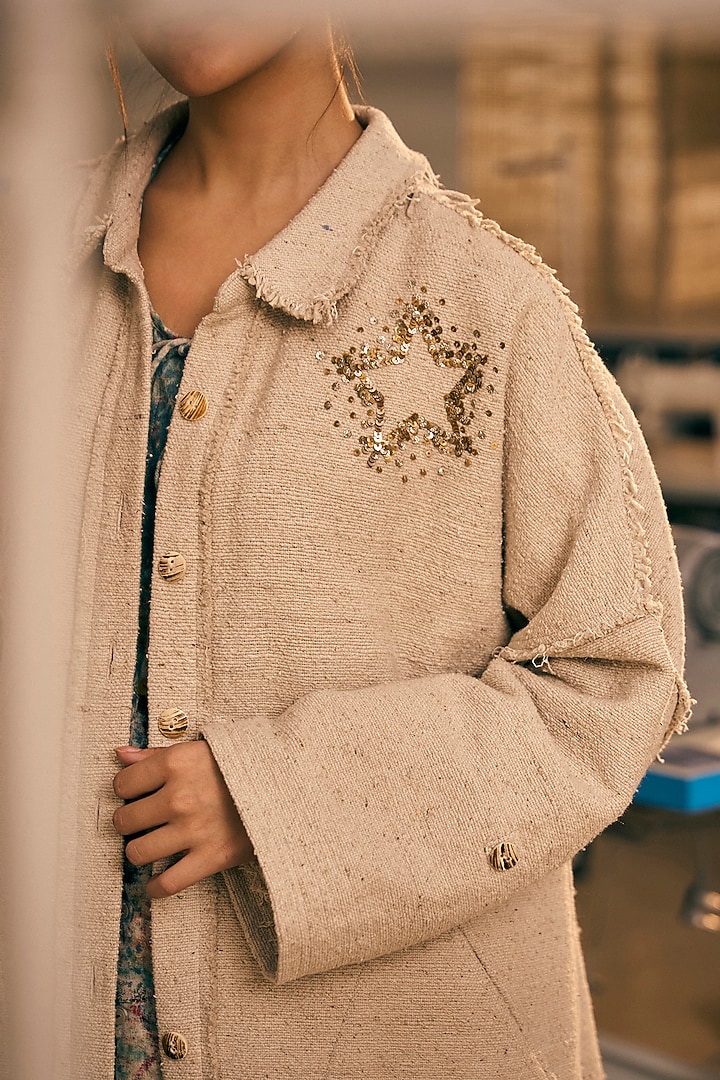 Antique White Cotton Embroidered Long Coat by Meld Studio at Pernia's Pop Up Shop
