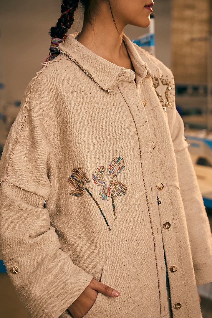 Antique White Cotton Embroidered Long Coat by Meld Studio at Pernia's Pop Up Shop