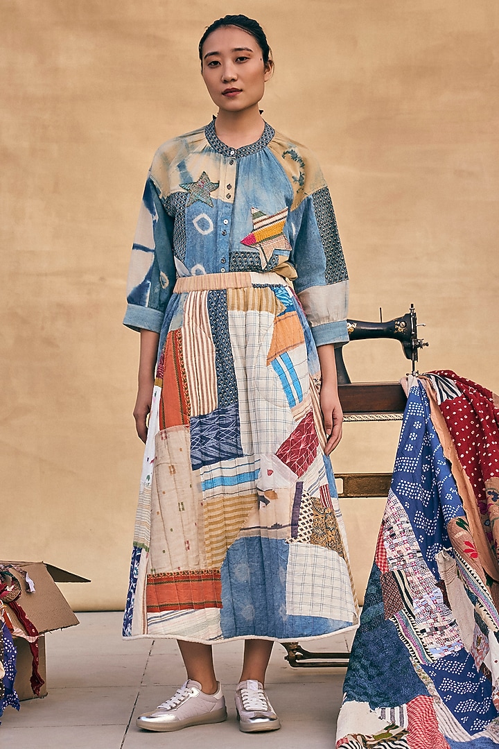Multi-Colored Cotton Patch Work Midi Skirt by Meld Studio at Pernia's Pop Up Shop