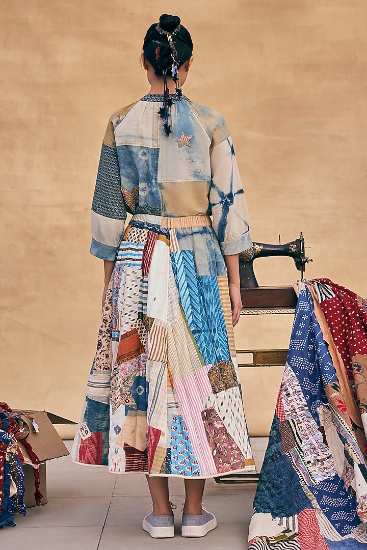 Multi-Colored Cotton Patch Work Midi Skirt by Meld Studio at Pernia's Pop Up Shop