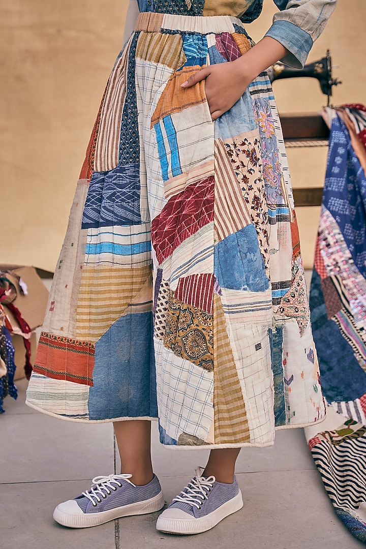 Multi-Colored Cotton Patch Work Midi Skirt by Meld Studio at Pernia's Pop Up Shop