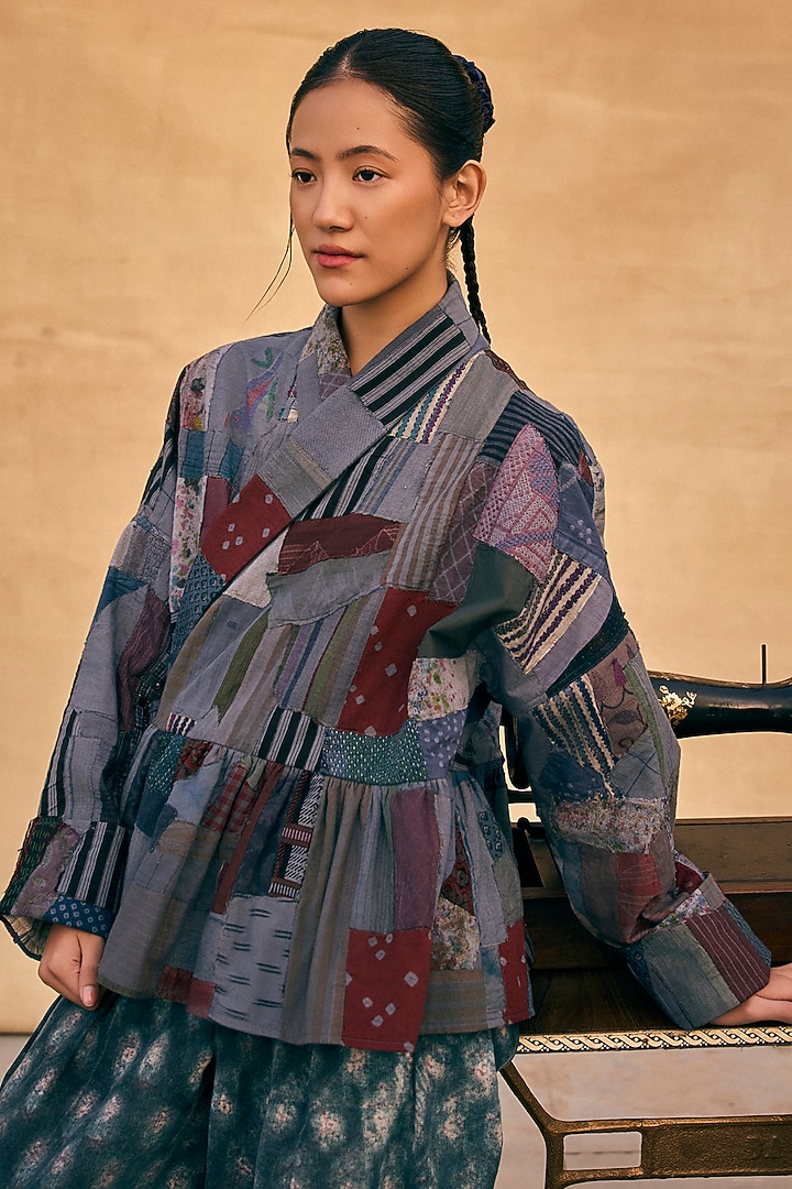 Indigo Blue Cotton Patch Work Kimono Jacket by Meld Studio at Pernia's Pop Up Shop