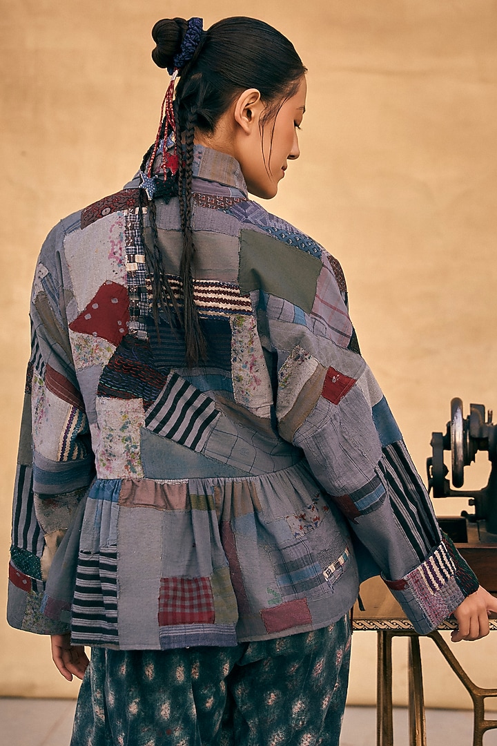 Indigo Blue Cotton Patch Work Kimono Jacket by Meld Studio at Pernia's Pop Up Shop