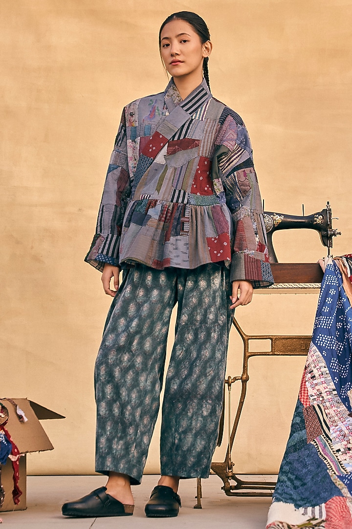 Indigo Blue Cotton Patch Work Kimono Jacket by Meld Studio at Pernia's Pop Up Shop