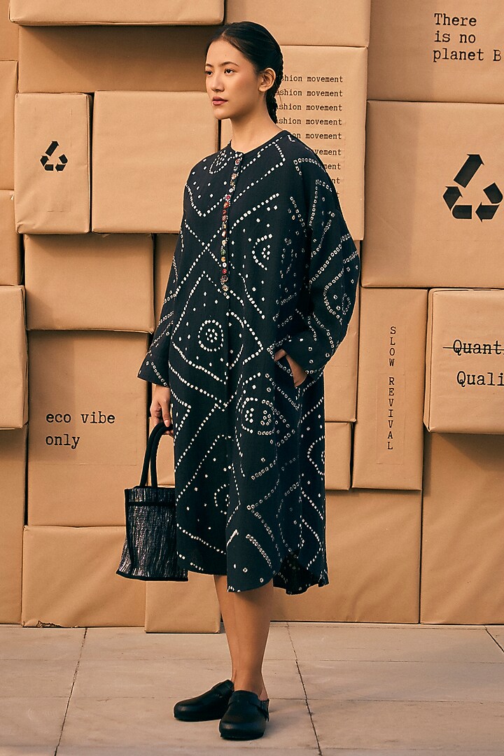 Charcoal Black Cotton Mirror Embroidered Tunic by Meld Studio at Pernia's Pop Up Shop