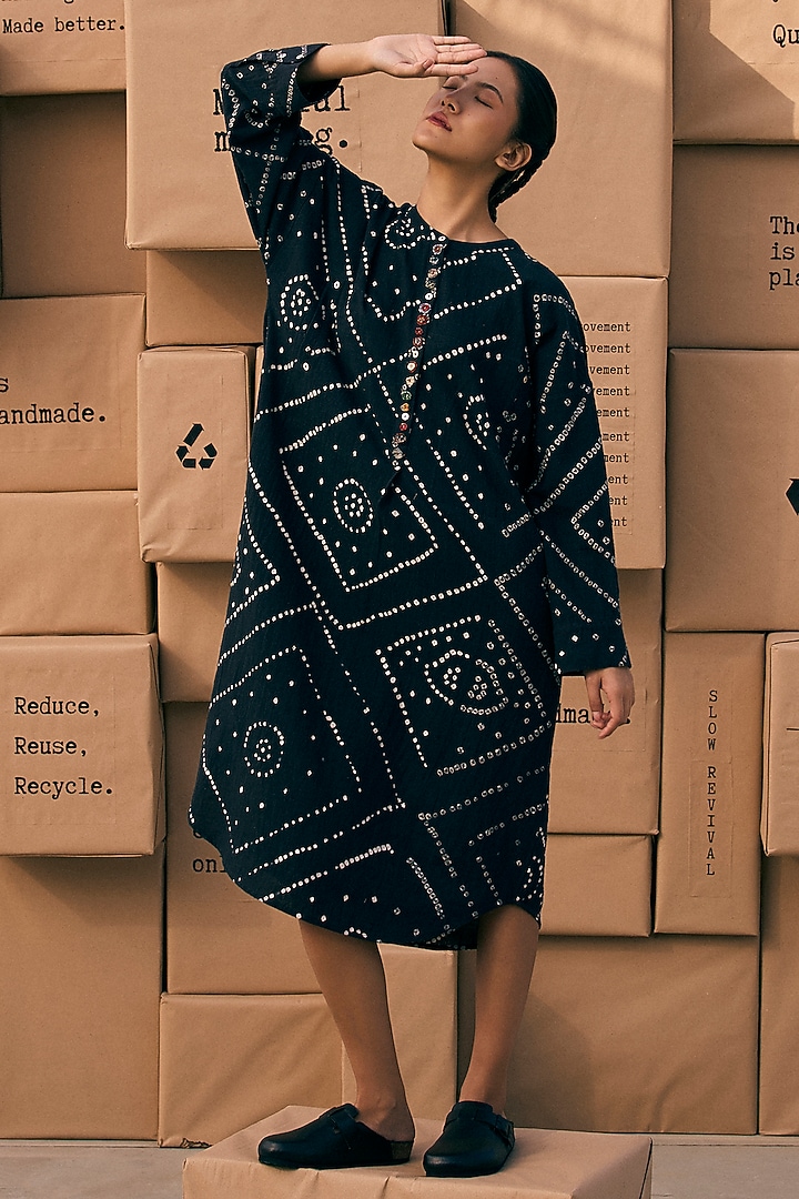 Charcoal Black Cotton Mirror Embroidered Tunic by Meld Studio at Pernia's Pop Up Shop