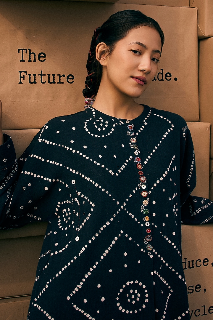 Charcoal Black Cotton Mirror Embroidered Tunic by Meld Studio at Pernia's Pop Up Shop