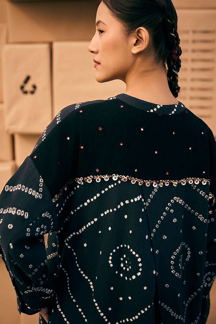 Charcoal Black Cotton Mirror Embroidered Tunic by Meld Studio at Pernia's Pop Up Shop