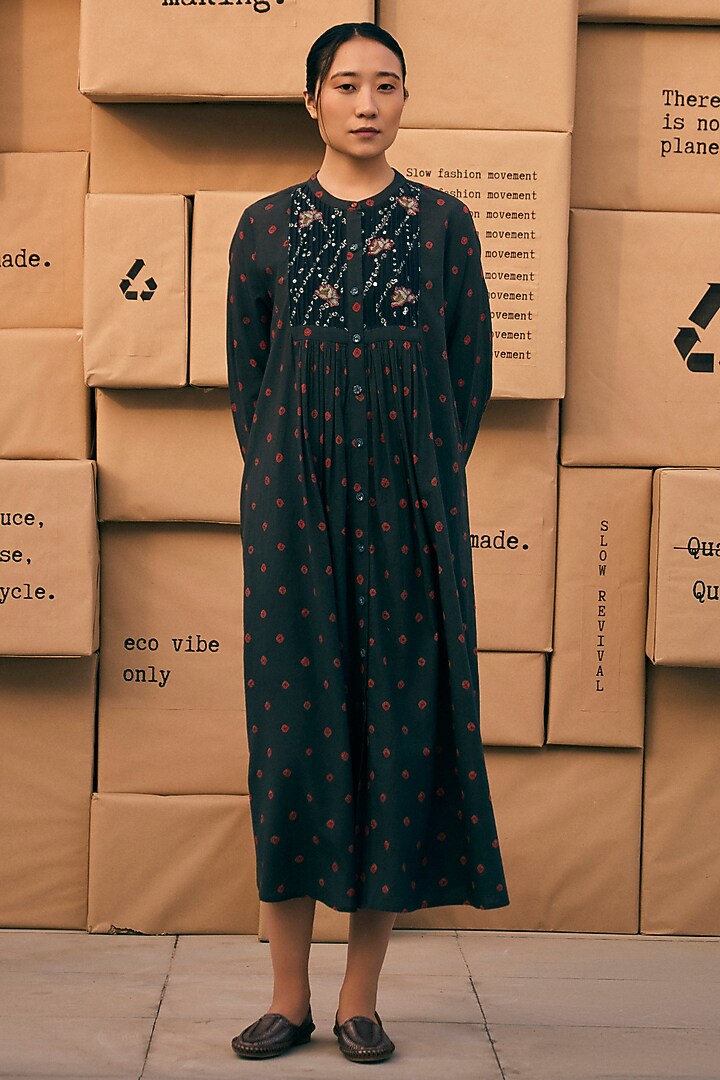 Charcoal Black Cotton Bandhani Printed Midi Summer Dress by Meld Studio at Pernia's Pop Up Shop