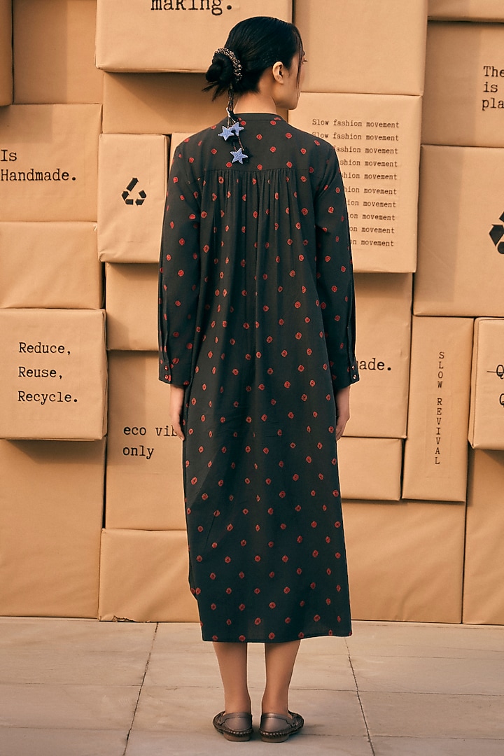 Charcoal Black Cotton Bandhani Printed Midi Summer Dress by Meld Studio at Pernia's Pop Up Shop