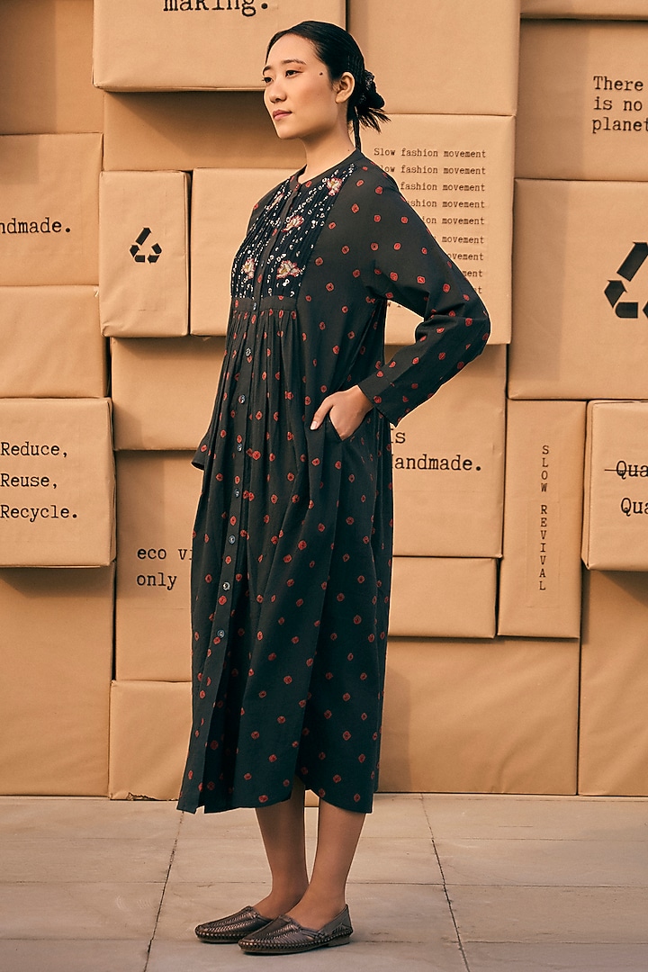Charcoal Black Cotton Bandhani Printed Midi Summer Dress by Meld Studio at Pernia's Pop Up Shop