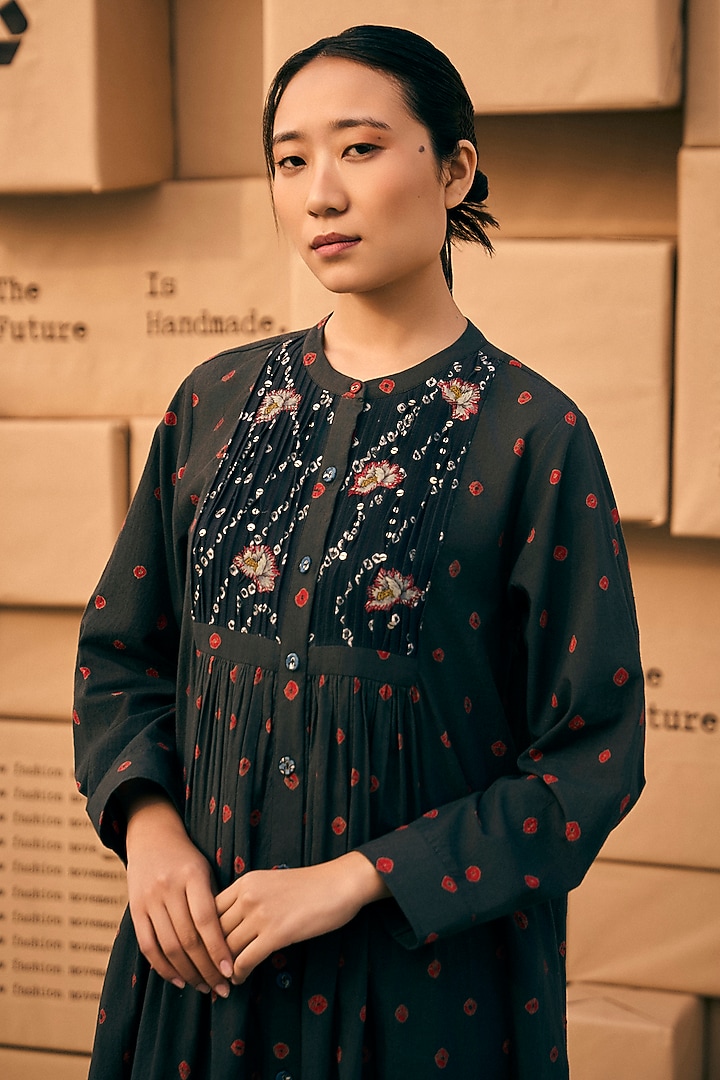 Charcoal Black Cotton Bandhani Printed Midi Summer Dress by Meld Studio at Pernia's Pop Up Shop