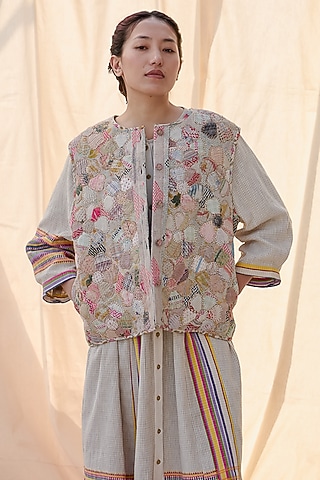 Multi-Colored Silk Applique Work Waistcoat by Meld Studio