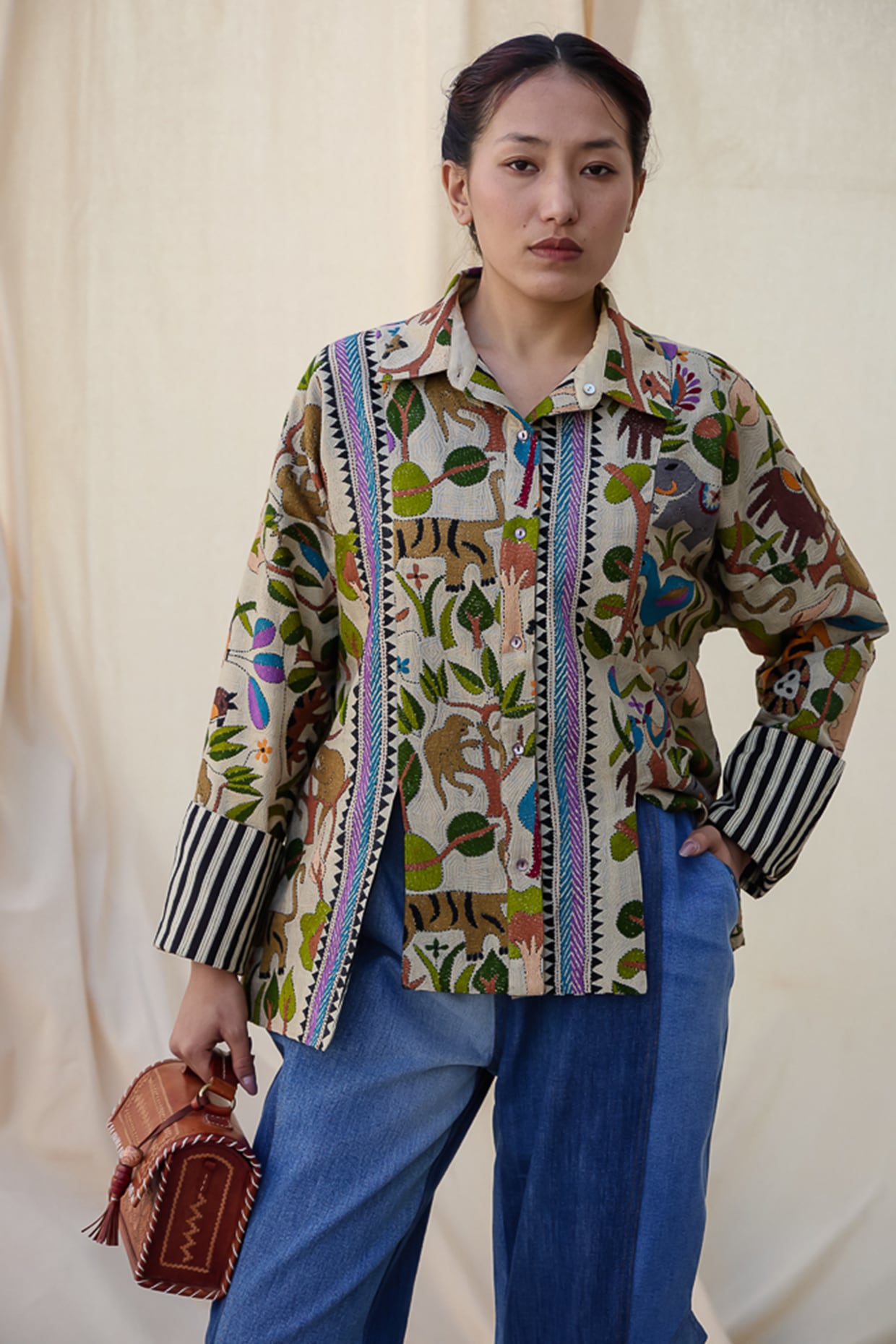 Meld Studio Beige & Brown Kantha Hand Embroidered Shacket