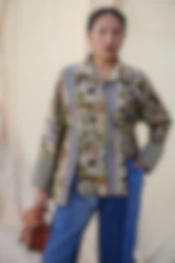 Beige & Brown Kantha Hand Embroidered Shacket by Meld Studio at Pernia's Pop Up Shop