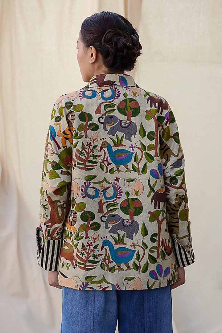 Beige & Brown Kantha Hand Embroidered Shacket by Meld Studio at Pernia's Pop Up Shop