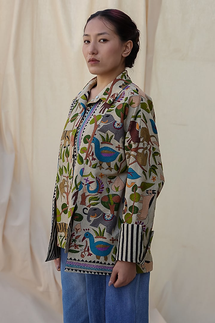 Beige & Brown Kantha Hand Embroidered Shacket by Meld Studio at Pernia's Pop Up Shop