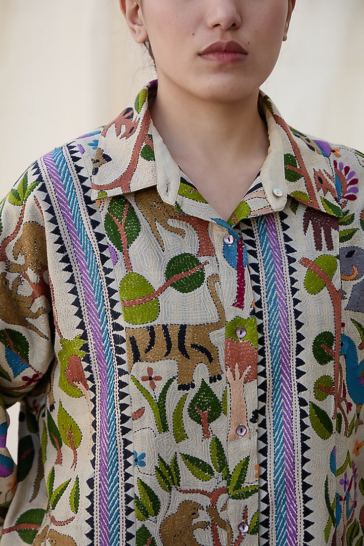 Beige & Brown Kantha Hand Embroidered Shacket by Meld Studio at Pernia's Pop Up Shop